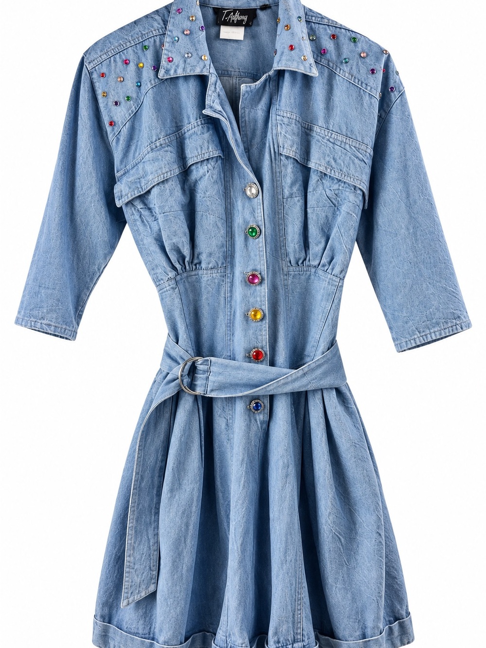 Vintage T. Anthony Denim Dress Rhinestone Jeweled Buttons Belted 80s 90s